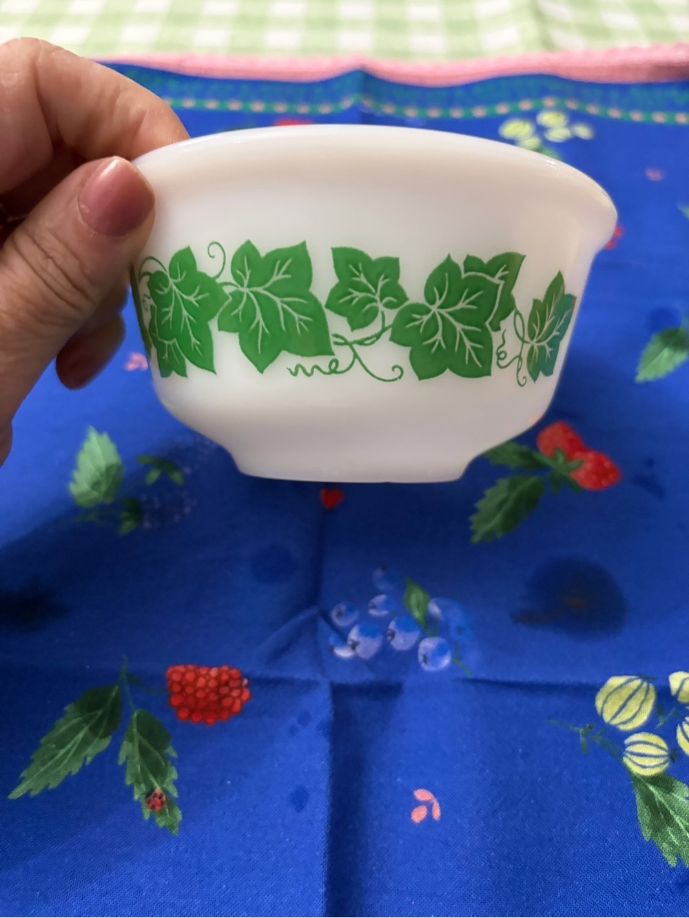 White Milk Glass Bowl with Green Ivy Motif